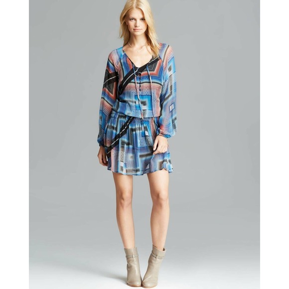 12th St. by Cynthia Vincent Silk Sheer Blouson Mini Dress Blue Red Geometric XS - Picture 1 of 7